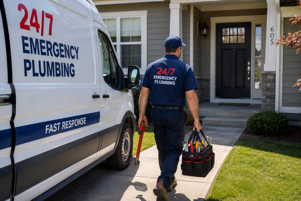 An emergency plumber arriving at a residential property in {city}