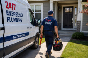 An emergency plumber arriving at a residential property in {city}