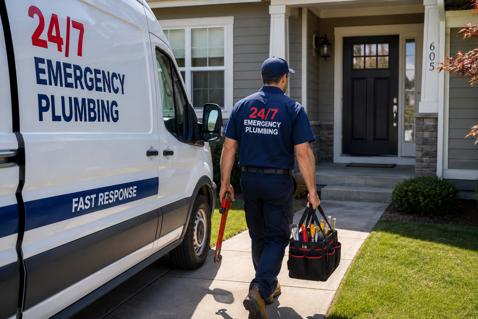 An emergency plumber arriving at a residential property in Sterlington
