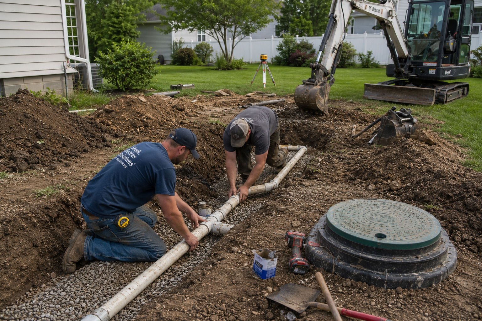 Workers repairing a septic drain field line in Evans