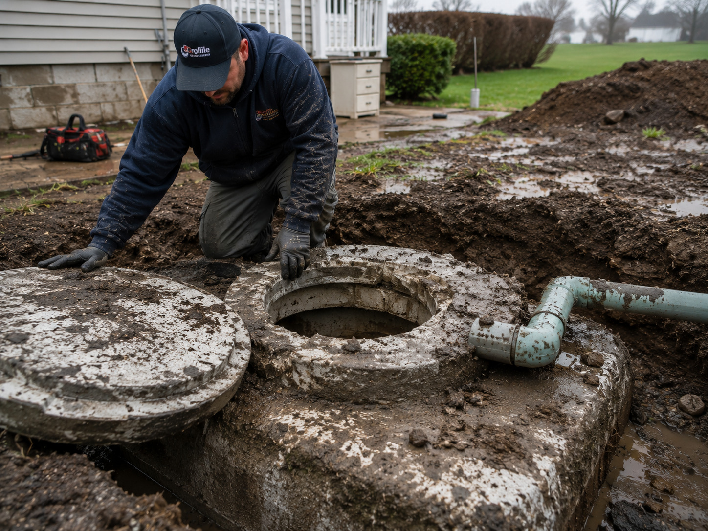 Technician inspecting a damaged septic tank system in Bentonville