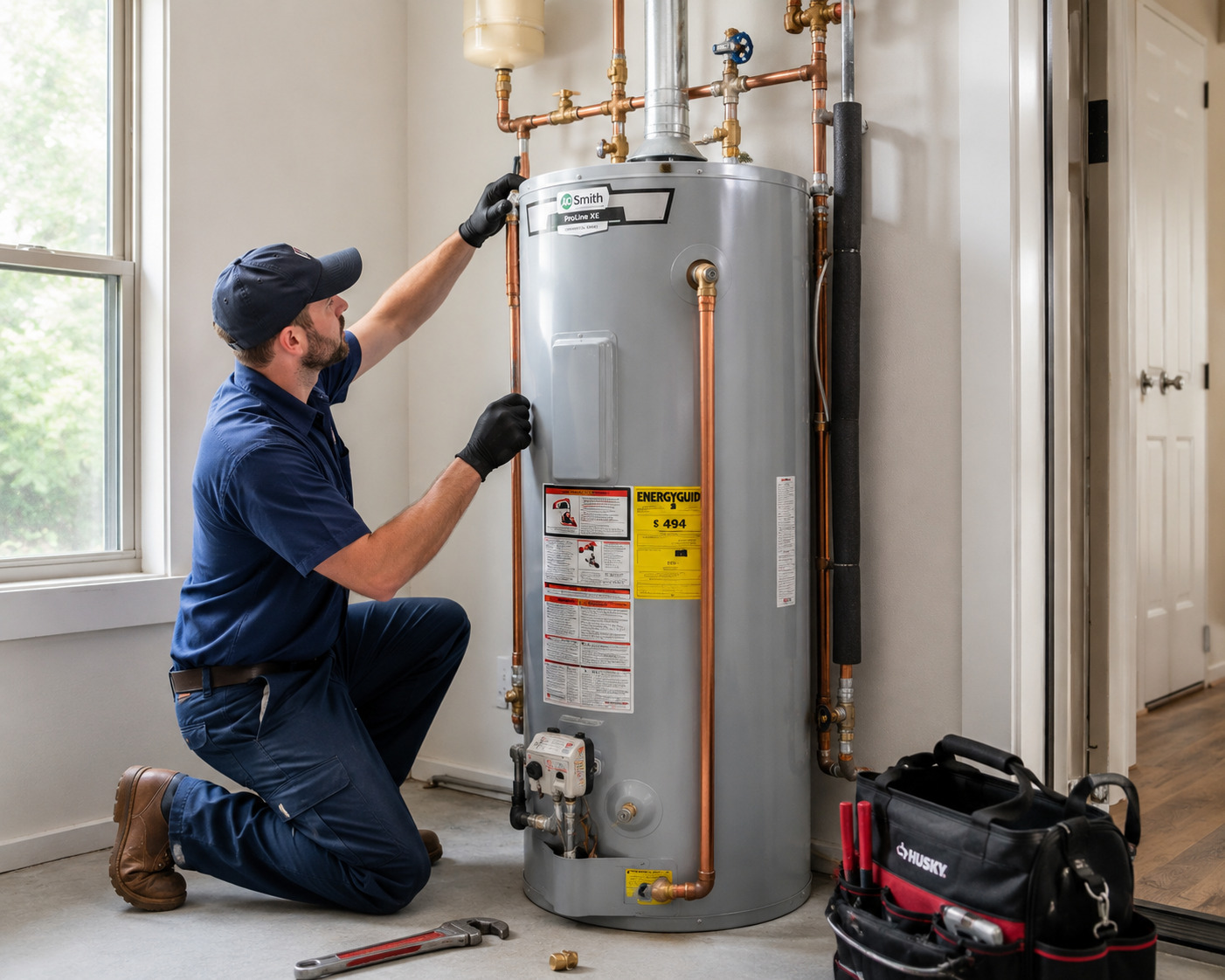 Plumber installing a new residential water heater in Sterlington