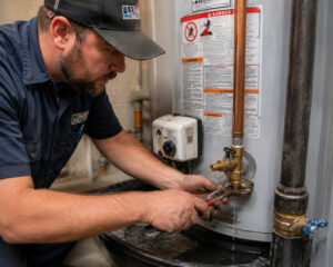 Plumber repairing a leaking water heater valve in {city}