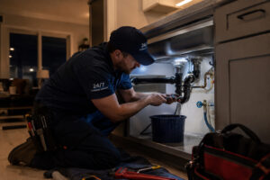 An emergency plumber in {city} repairing a burst pipe