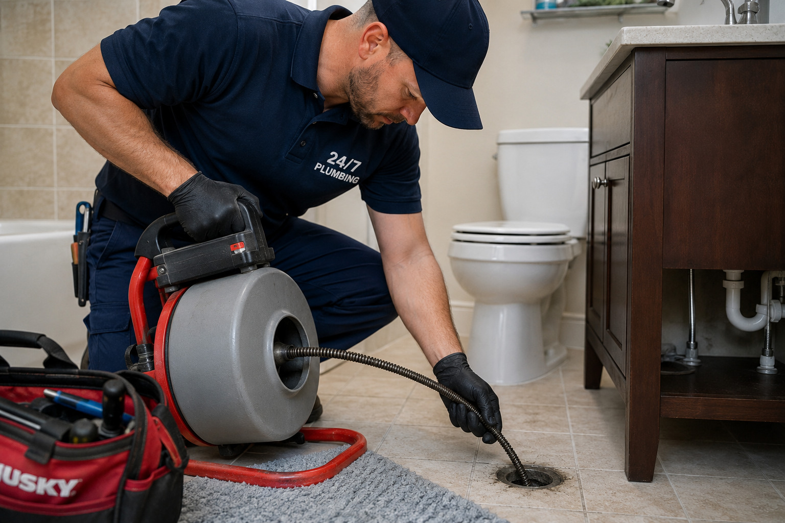 Plumber in Morris using a drain auger to unclog a bathroom drain