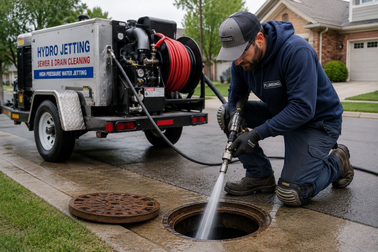 A plumbing technician in Morris using a hydro jetting equipment to clear a residential drain line