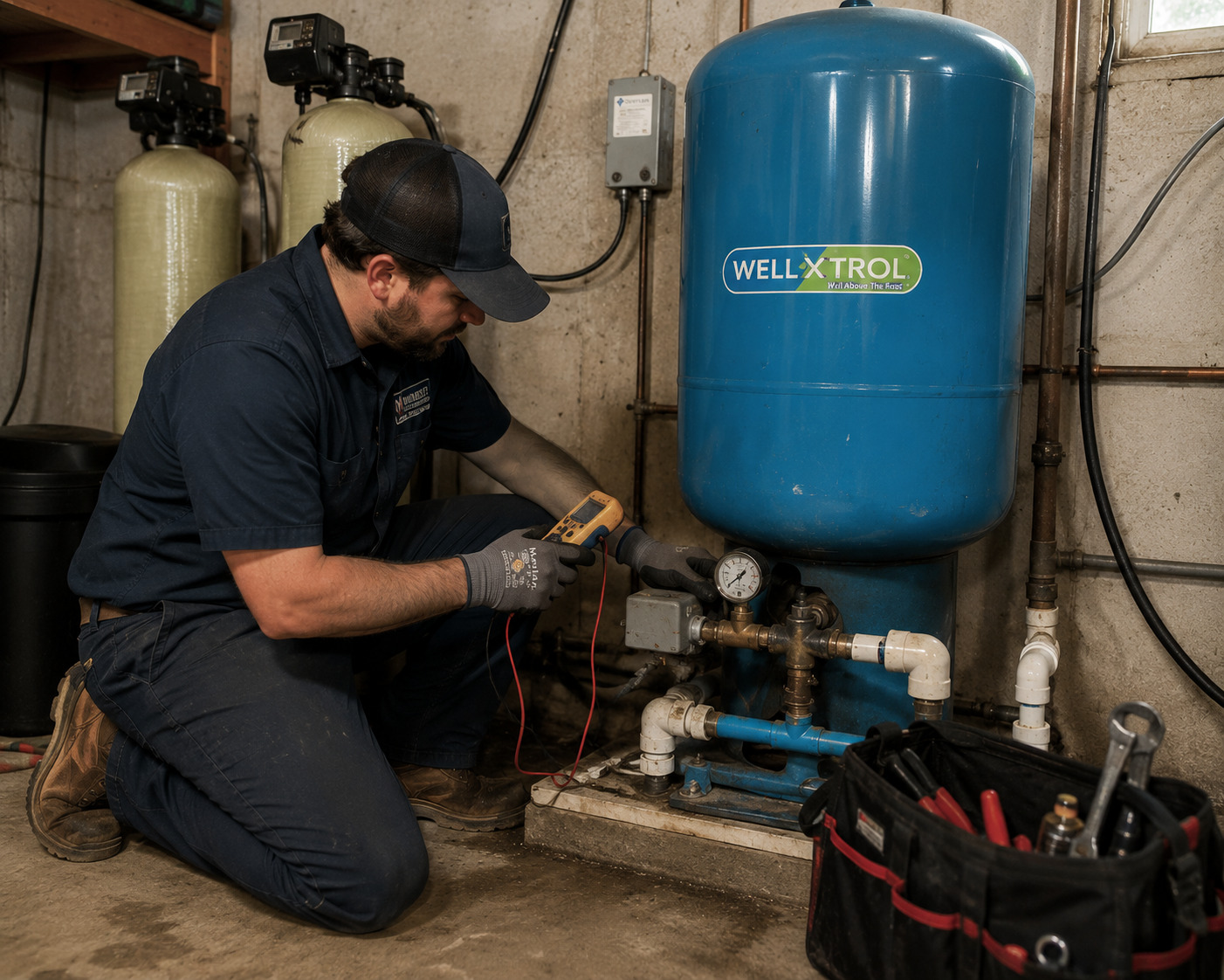 A technician inspecting a residential well pump pressure tank in Mound