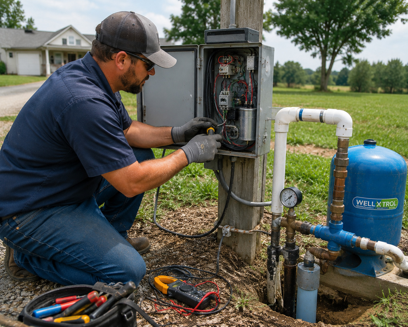 Contractor in Mound repairing an outdoor well pump control system