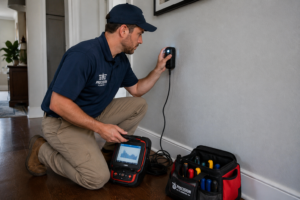 Plumber in {city} using electronic equipment to detect a hidden water pipe leak behind a residential wall