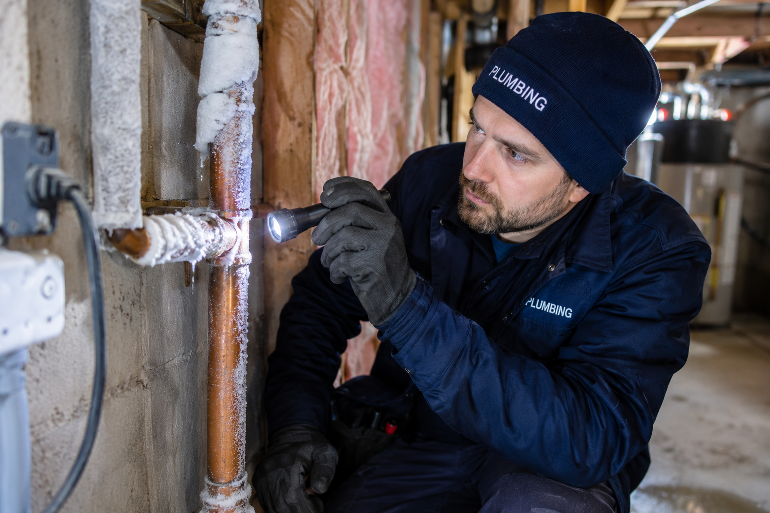 Plumber inspecting frozen water pipes in a residential basement in Hackneyville