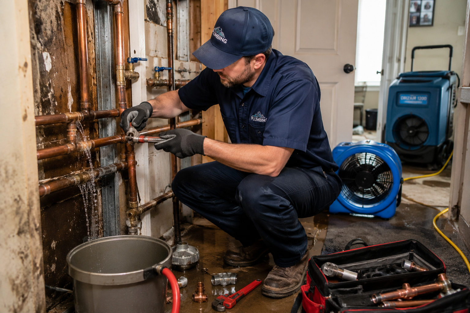 Emergency plumber in Hackneyville repairing a burst residential water pipe