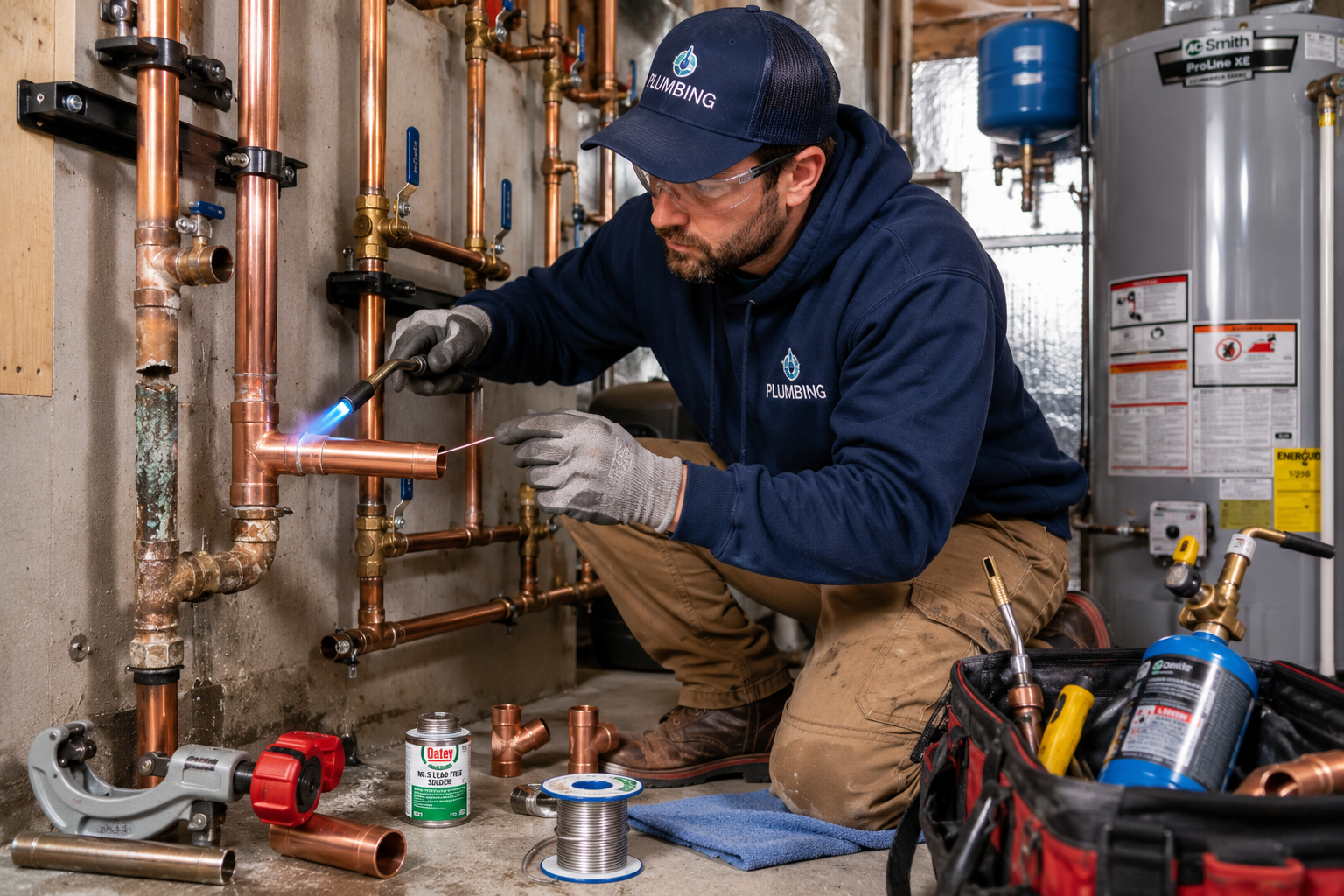 Plumber replacing freeze-damaged water pipes in Hackneyville
