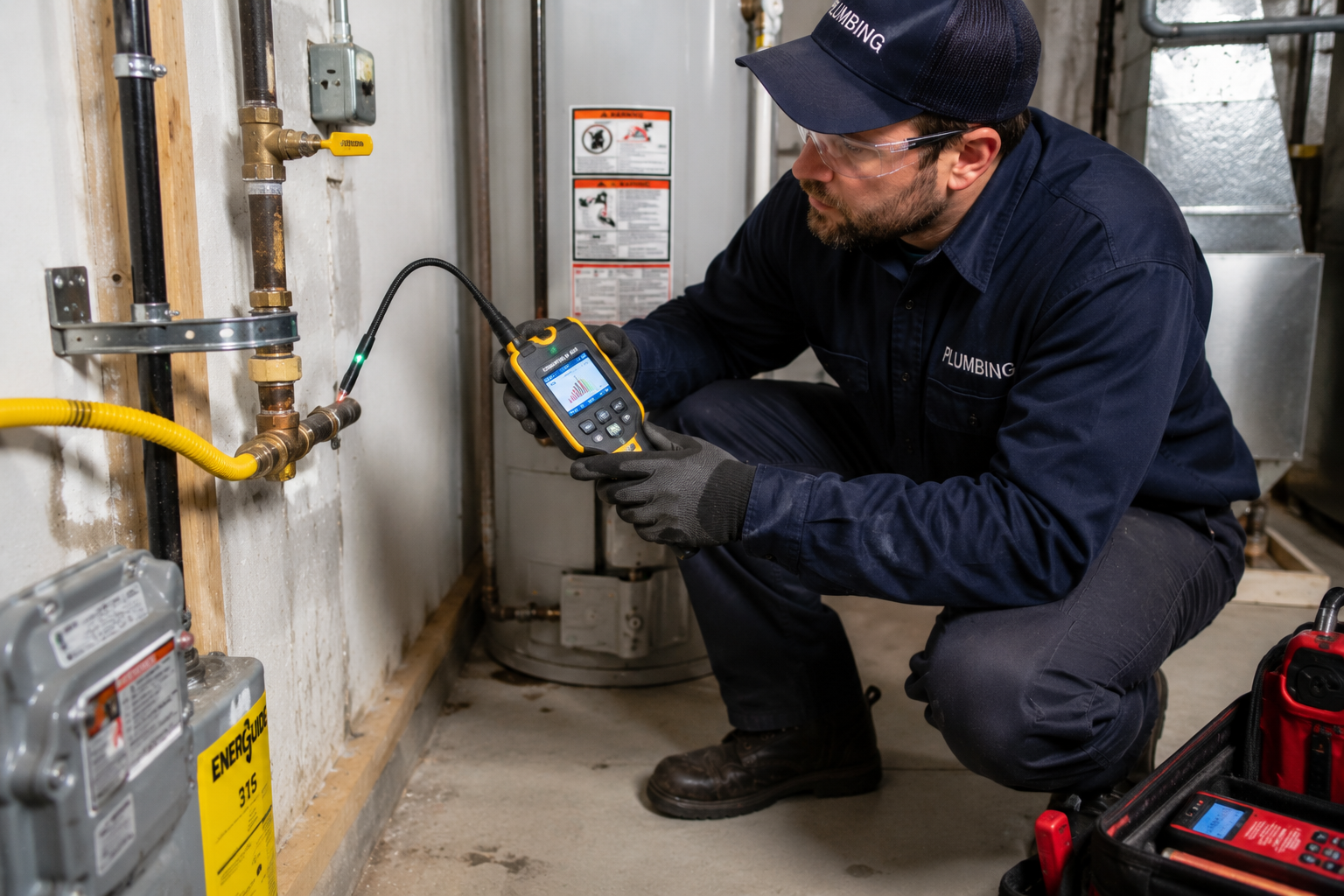 Technician performing residential gas leak detection in Tennga