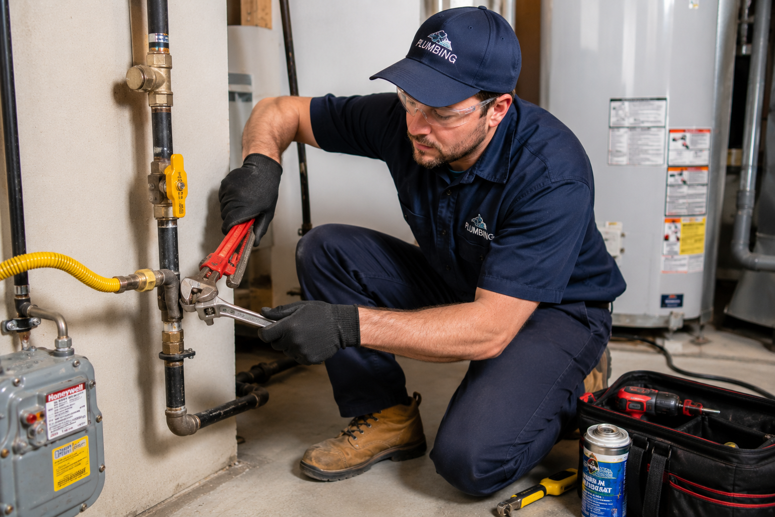 Licensed technician in Tennga repairing a residential gas line