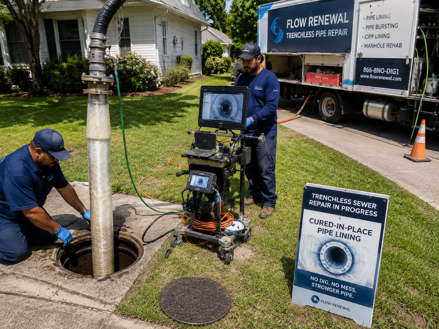 Technician reviewing sewer camera inspection footage